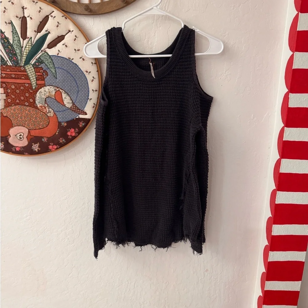 FREE PEOPLE Sunrise Cold Shoulder Thermal Boho Knit Top Sweater Black Small